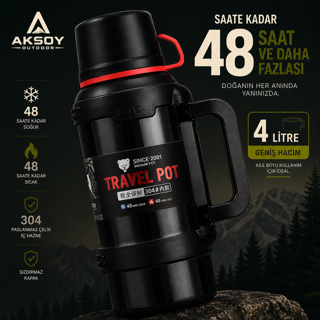 Aksoy Outdoor ™ | 48 Saat Sıcak ve Soğuk Tutan Kamp Termosu