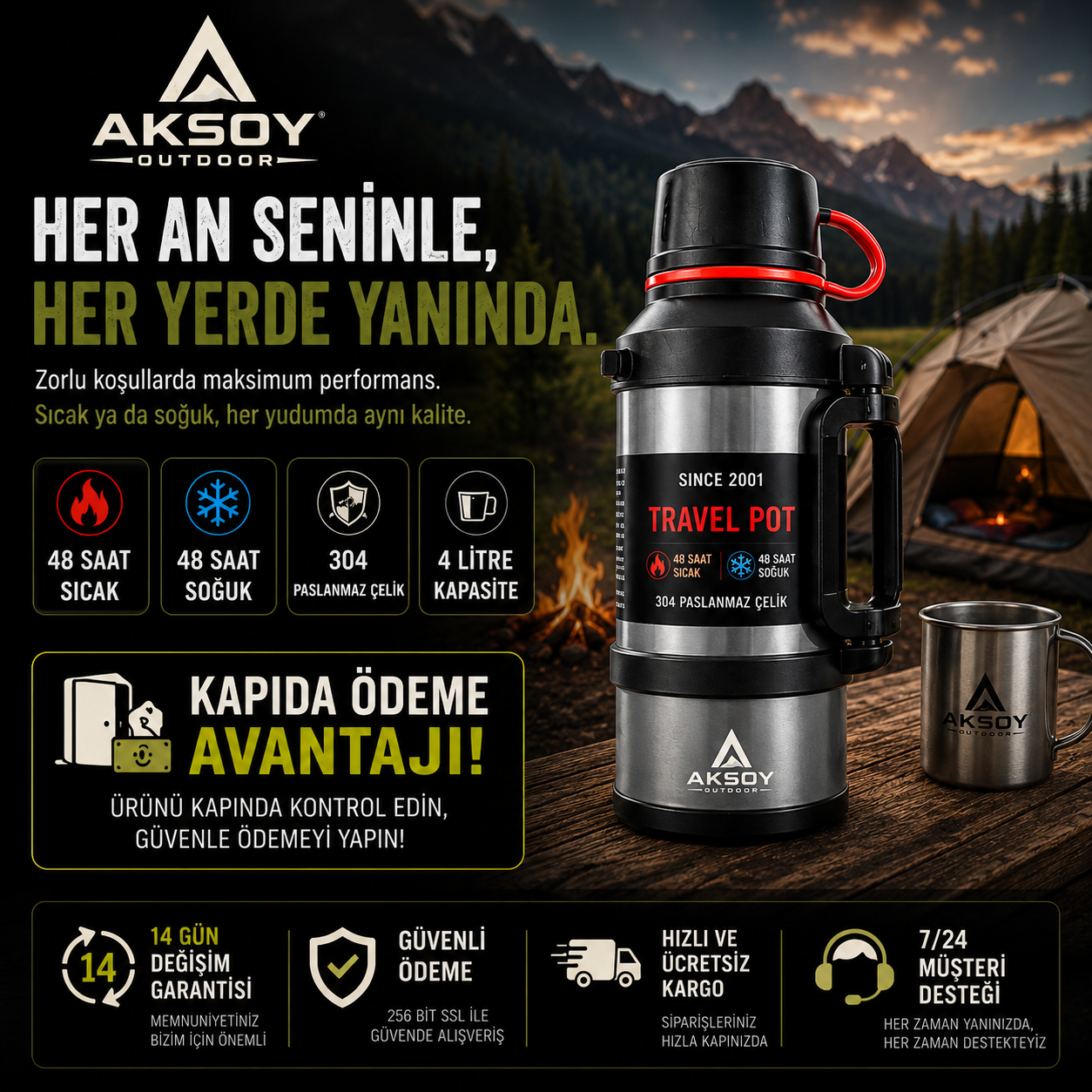 Aksoy Outdoor ™ | 48 Saat Sıcak ve Soğuk Tutan Kamp Termosu